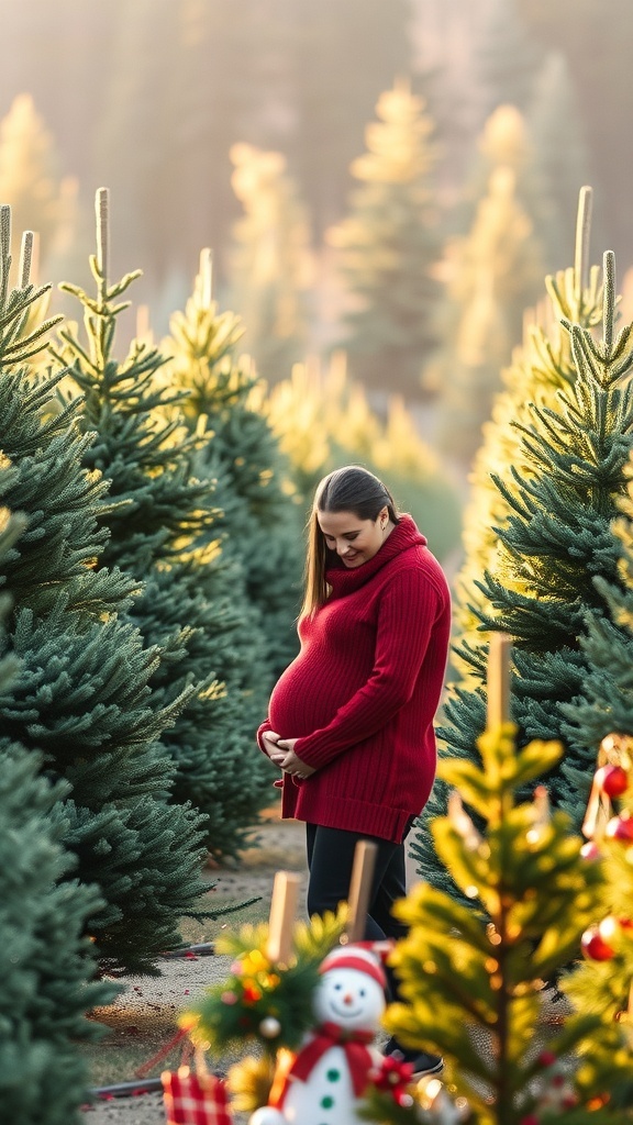 Christmas Tree Farm Maternity Photoshoot Guide Expecting couple in a Christmas tree farm during golden hour, surrounded by evergreen trees and holiday decorations.
